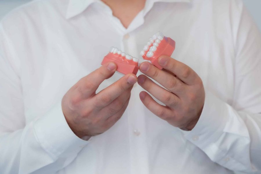 Zahnarzt Reinhard Huber zeigt ein Modell eines Gebisses bei Ortho Smile in Nürnberg